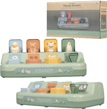 Little Dutch Farm Pop-up Dieren compleet setje afgebeeld met verpakking, ideaal educatief speelgoed en origineel baby cadeau.