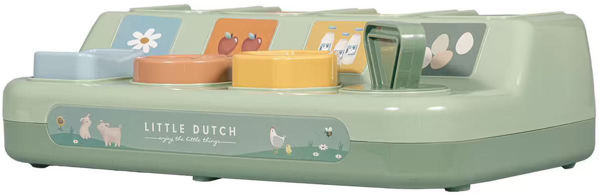 Little Dutch Farm Pop-up Dieren in gesloten toestand, montessori babyspeelgoed in groene basis met vrolijke knoppen.