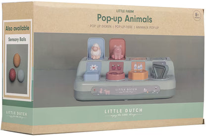 Verpakking Little Dutch Farm Pop-up Dieren met boerderijdieren, sensorisch babyspeelgoed en origineel cadeau vanaf 8 maanden.