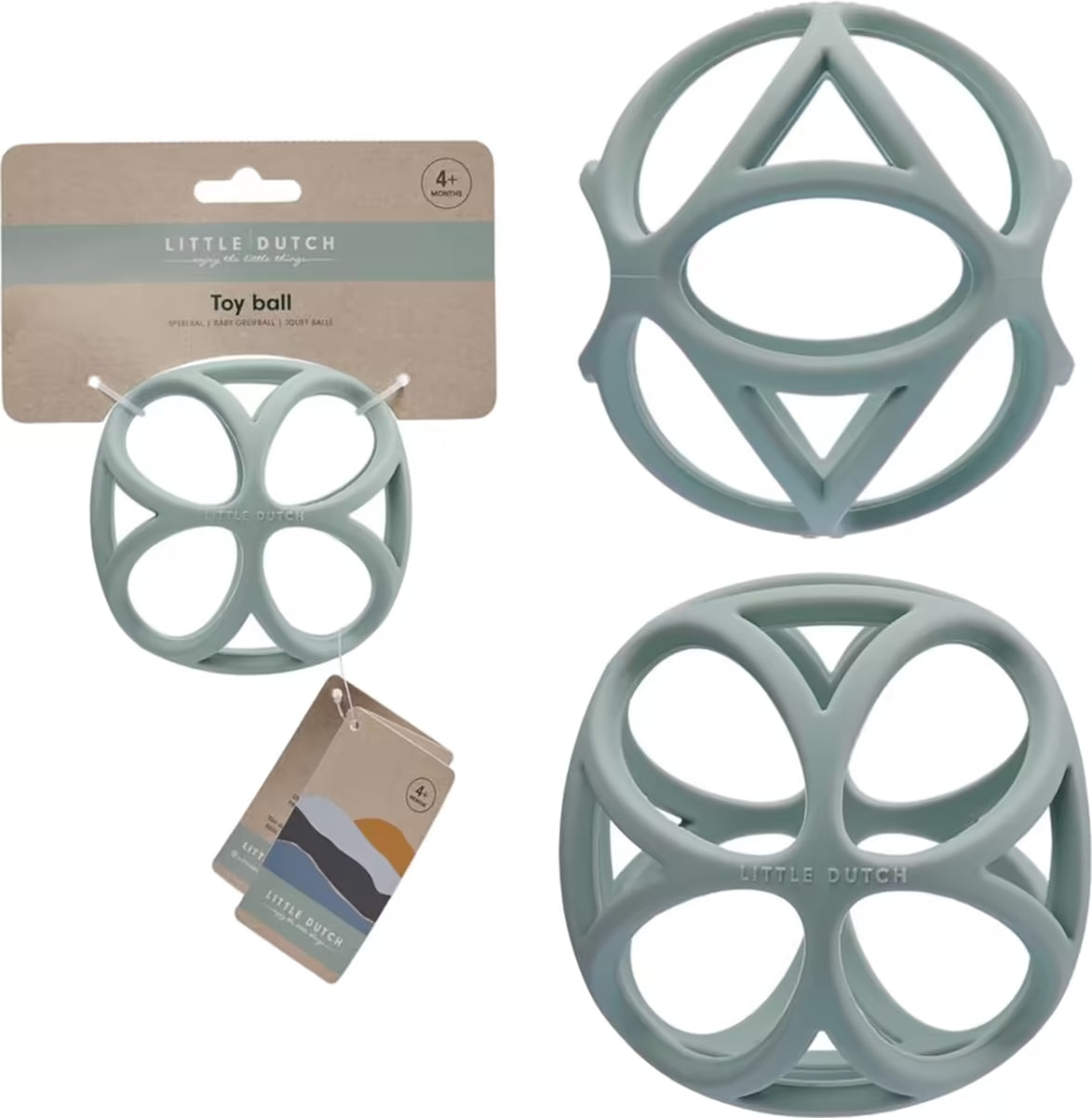 Setfoto van Little Dutch Grijpbal blauw, ideaal babyuitzet item en kraamcadeau voor pasgeborenen en jonge baby’s.