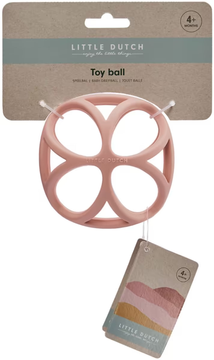 Little Dutch Grijpbal roze aan verpakking met label, ideaal bijtspeeltje en baby cadeau voor jonge ouders.