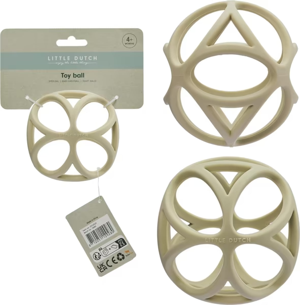 Drie aanzichten van Little Dutch Grijpbal Zand, multifunctioneel speelgoed en bijtspeeltje voor baby.