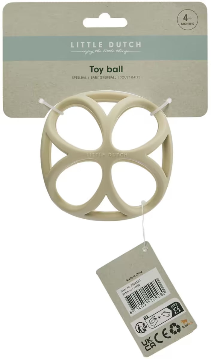 Verpakking van Little Dutch Grijpbal Zand, baby speelgoed vanaf 4 maanden en leuk kraamcadeau idee.