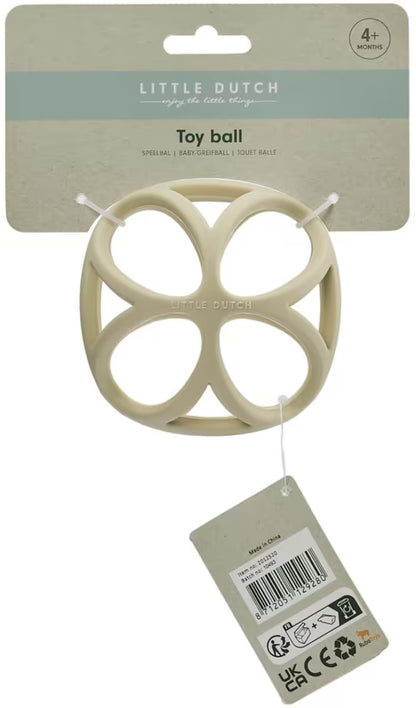Verpakking van Little Dutch Grijpbal Zand, baby speelgoed vanaf 4 maanden en leuk kraamcadeau idee.