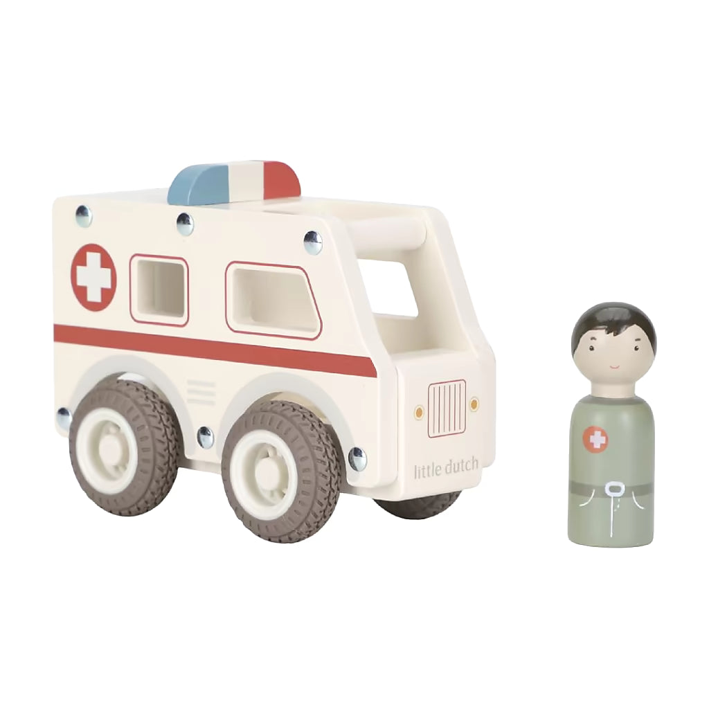 Little Dutch houten ambulance met pegdoll pop als arts, stijlvol houten speelgoed en baby cadeau idee.
