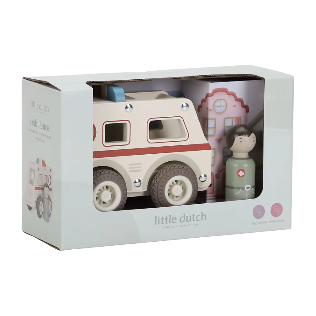 Verpakking van Little Dutch houten ambulance met arts pop, baby speelgoed en leuk kraamcadeau.