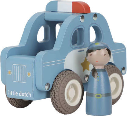Little Dutch houten politiewagen met pegdoll politieagent, speelgoed in hout voor peuters en jonge kinderen.