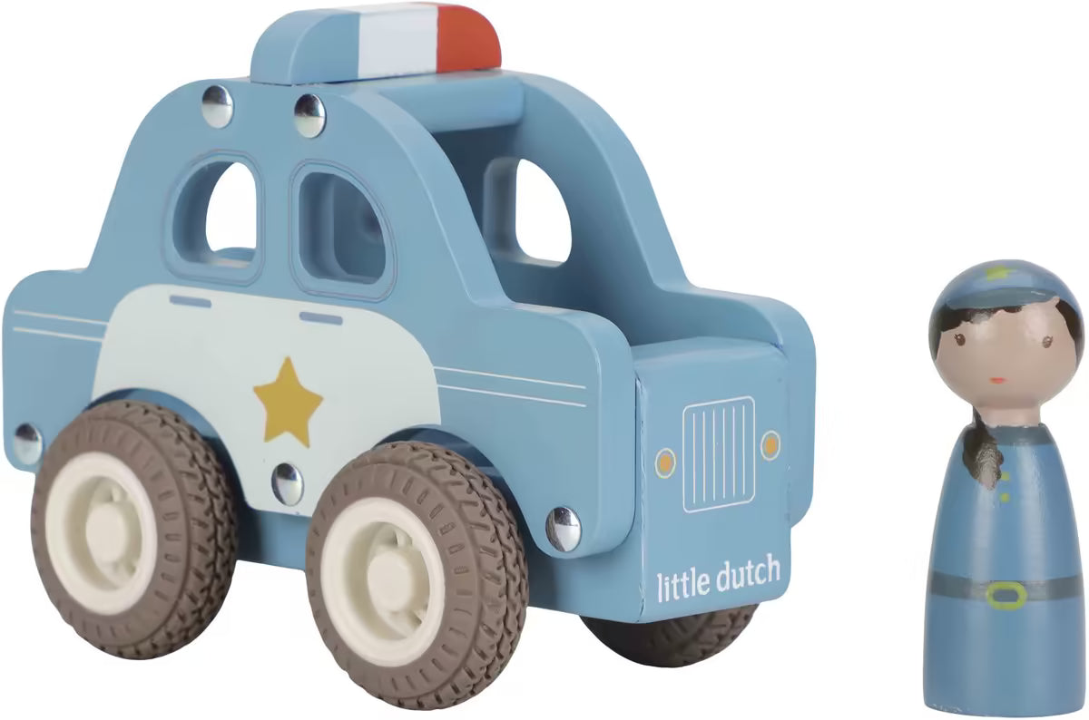 Little Dutch houten politiewagen met losse pegdoll agent, duurzaam speelgoed in hout voor jonge kinderen.