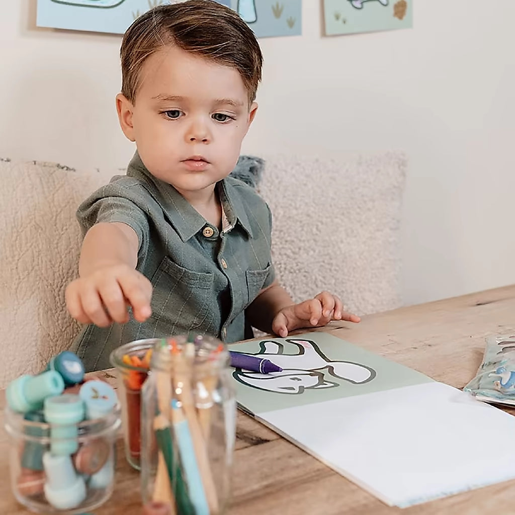 Kleine jongen kleurt met krijtjes in Little Dutch kleurplaat uit Forest Friends kleurboek met dierenmotief.