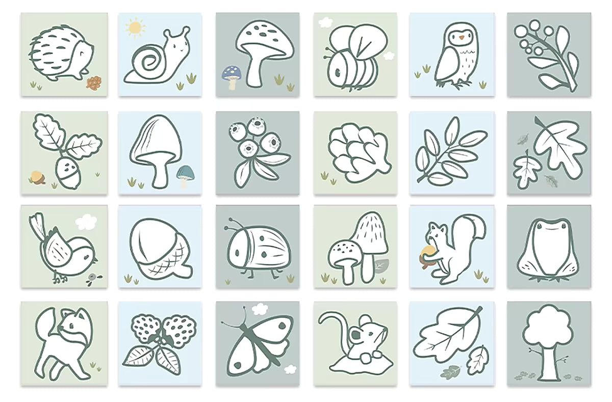 Overzichtspagina Little Dutch kleurplaat Forest Friends met kleurplaten dieren zoals vogel, eekhoorn en vlinder.