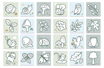 Overzichtspagina Little Dutch kleurplaat Forest Friends met kleurplaten dieren zoals vogel, eekhoorn en vlinder.