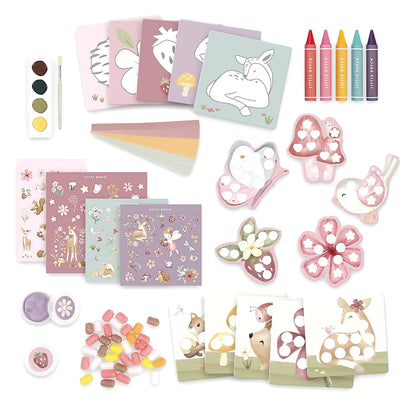 Overzicht van de inhoud van de Little Dutch Knutseldoos Fairy Garden, vol stickers, verf en papier om te knutselen.