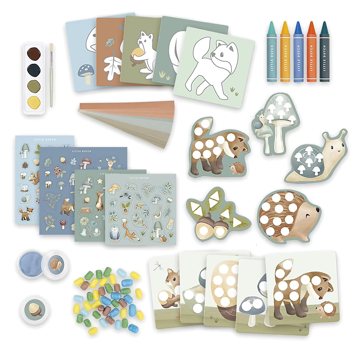 Overzicht van de complete inhoud van de Little Dutch Knutseldoos Forest Friends met verf, kaarten en stickers.