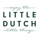 Groen-wit Little Dutch speelgoedlogo met sierlijke tekst en modern ontwerp, perfect voor kinderen, Sproutz webshop achtergrond.
