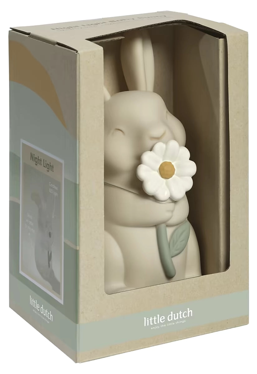 Little Dutch nachtlampje Baby Bunny verpakking close-up, kartonnen doos met tekst Night Light.