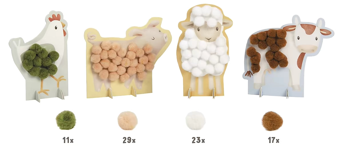 Little Dutch pompom Little Farm set met kip, schaap, koe en varken als knutsel idee voor peuters.