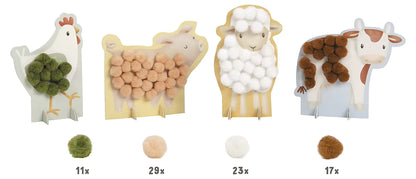 Little Dutch pompom Little Farm set met kip, schaap, koe en varken als knutsel idee voor peuters.