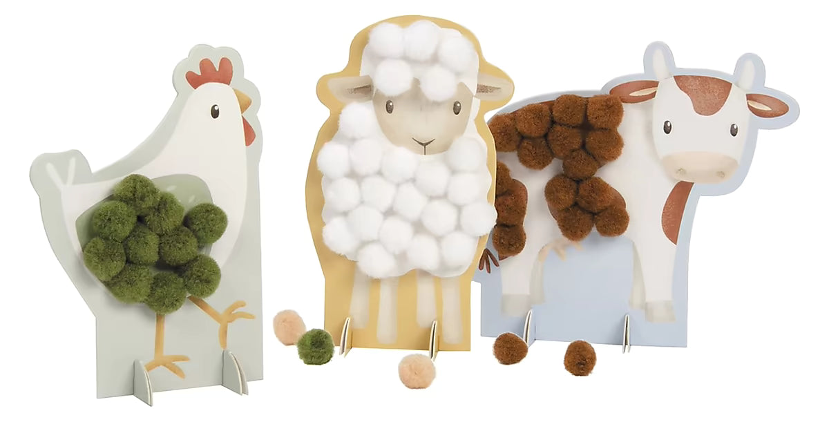 Little Dutch pompom Little Farm dieren waarbij kinderen pompom plakken voor creatieve knutsel ideeën.