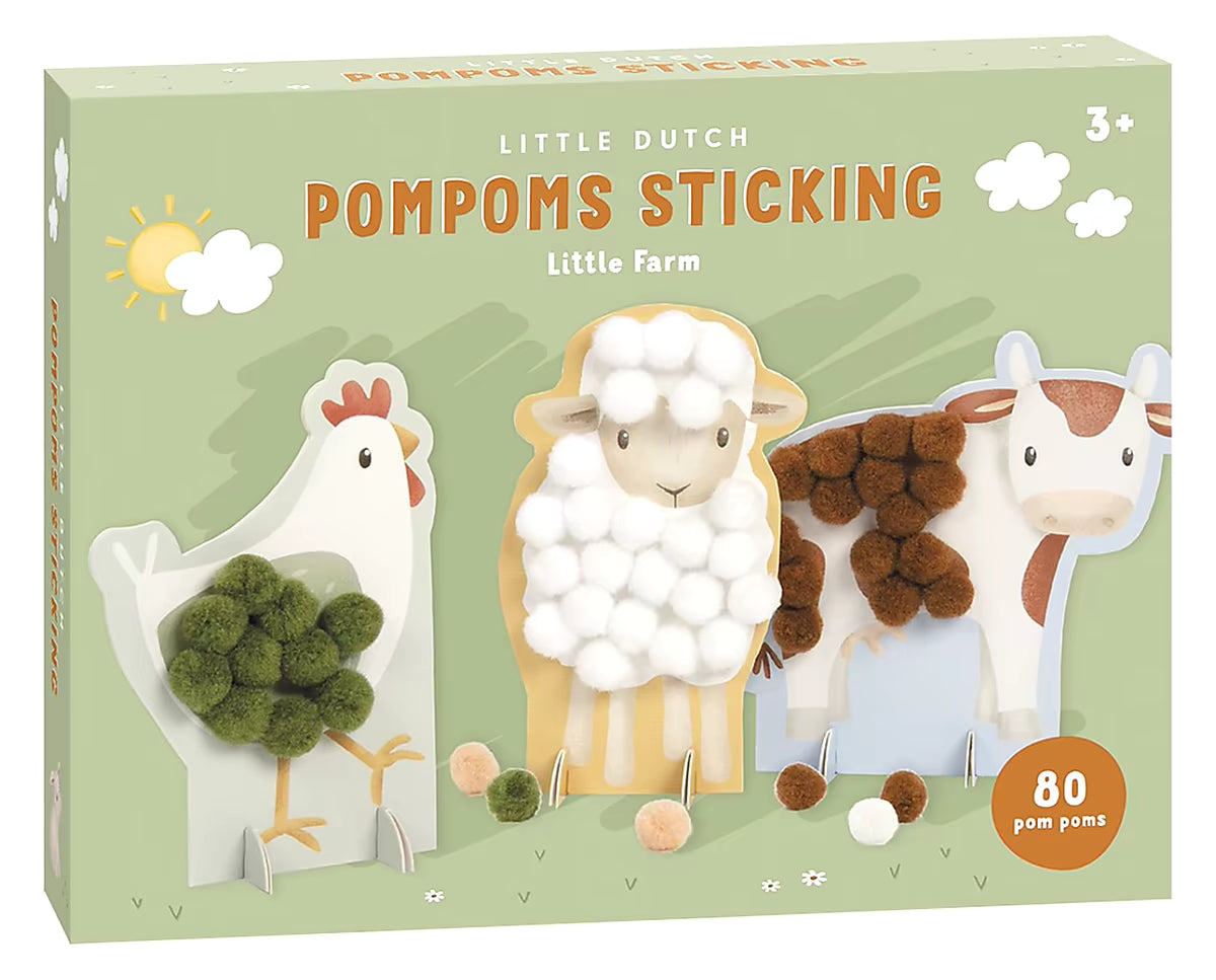 Voorkant verpakking Little Dutch pompom Little Farm met 80 pompons voor leuke dingen om te knutselen.