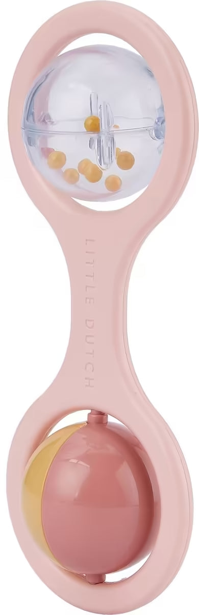 Little Dutch Rammelaar in roze, zijaanzicht met transparant bolletje en kralen, sensorisch speelgoed baby.