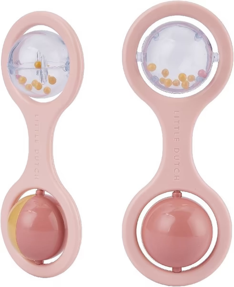Little Dutch Bal Rammelaar Roze, set van twee varianten, ideaal baby speelgoed en sensorische stimulatie.