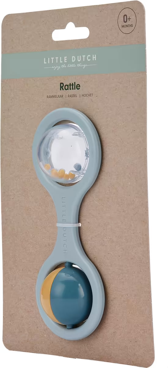 Little Dutch Rammelaar blauw in verpakking, perfect kraamcadeau of babyspeelgoed vanaf de eerste maanden.