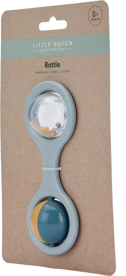 Little Dutch Rammelaar blauw in verpakking, perfect kraamcadeau of babyspeelgoed vanaf de eerste maanden.
