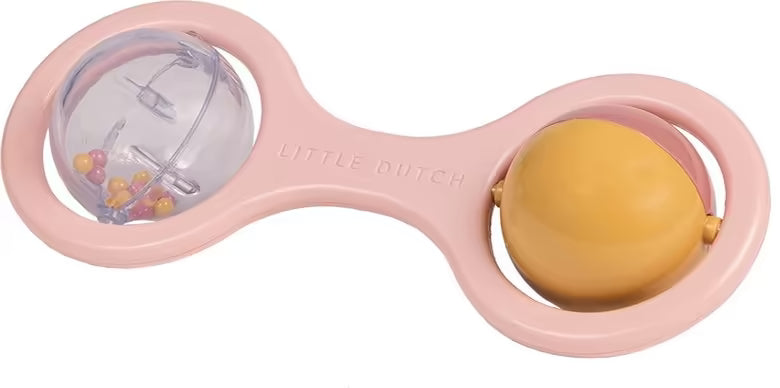 Little Dutch Rammelaar roze met dubbele bal, liggend bovenaanzicht, educatief speelgoed en baby rammelaar.