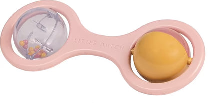 Little Dutch Rammelaar roze met dubbele bal, liggend bovenaanzicht, educatief speelgoed en baby rammelaar.