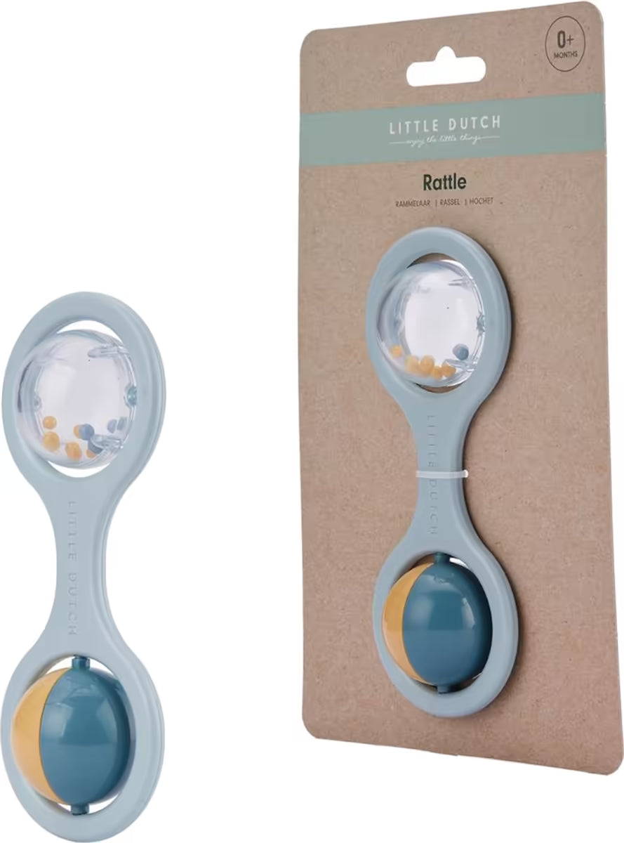 Setfoto met Little Dutch Rammelaar los en in verpakking, sensorisch speelgoed en ideaal baby cadeau.