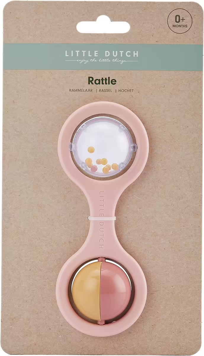 Little Dutch Rammelaar in roze met verpakking, ideaal kraamcadeau en educatief speelgoed voor baby’s.