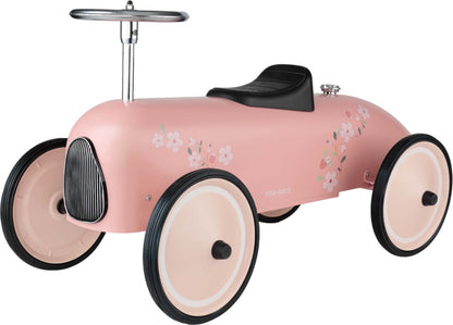 Little Dutch retro loopauto Roze met bloemenmotief, zijaanzicht met stuur en zwart zadel