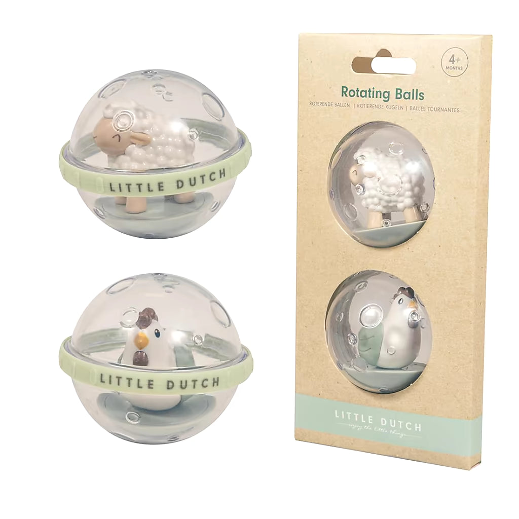 Little Dutch Roterende Ballen Farm 2-delig, voorkant verpakking met schaap en kip, geschikt als peuter speelgoed.