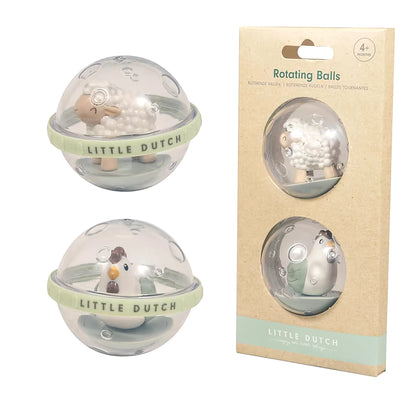 Little Dutch Roterende Ballen Farm 2-delig, voorkant verpakking met schaap en kip, geschikt als peuter speelgoed.