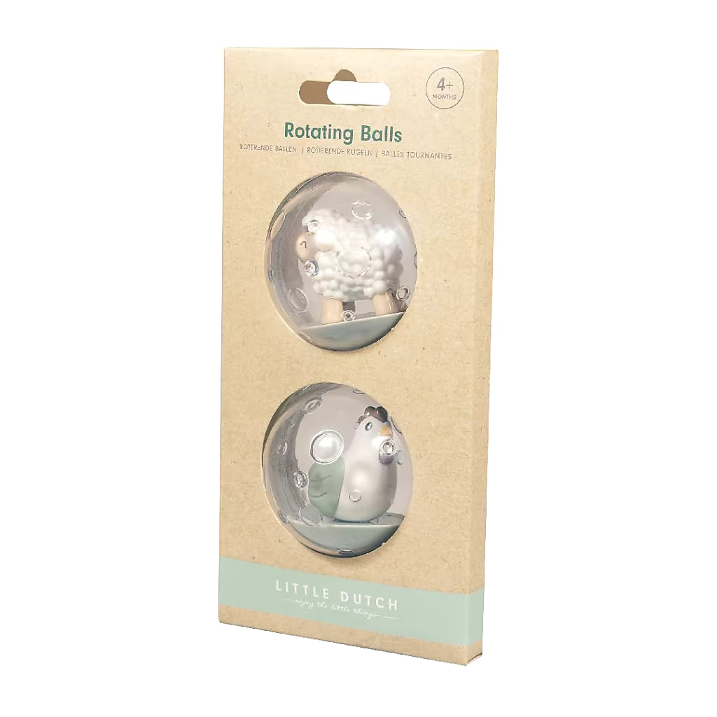 Little Dutch Roterende Ballen Farm verpakking zijaanzicht met schaap en kip, duurzaam peuter speelgoed vanaf 4m.