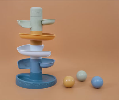 Little Dutch Spiraaltoren Blauw met drie gekleurde ballen, educatief speelgoed voor baby’s en peuters.