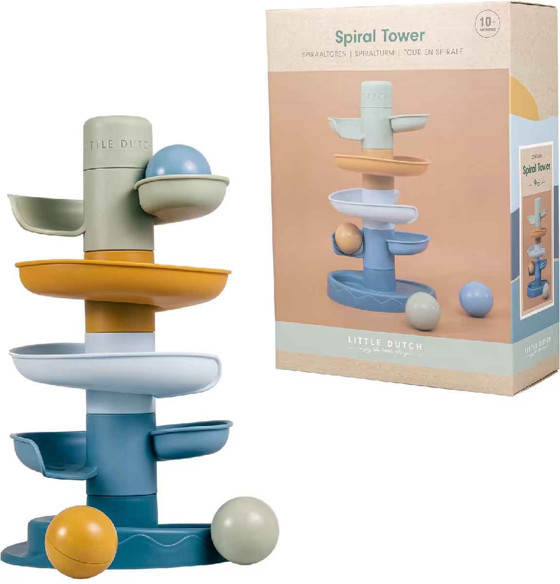Little Dutch Spiraaltoren Blauw naast de productverpakking, educatief speelgoed vanaf 10 maanden.