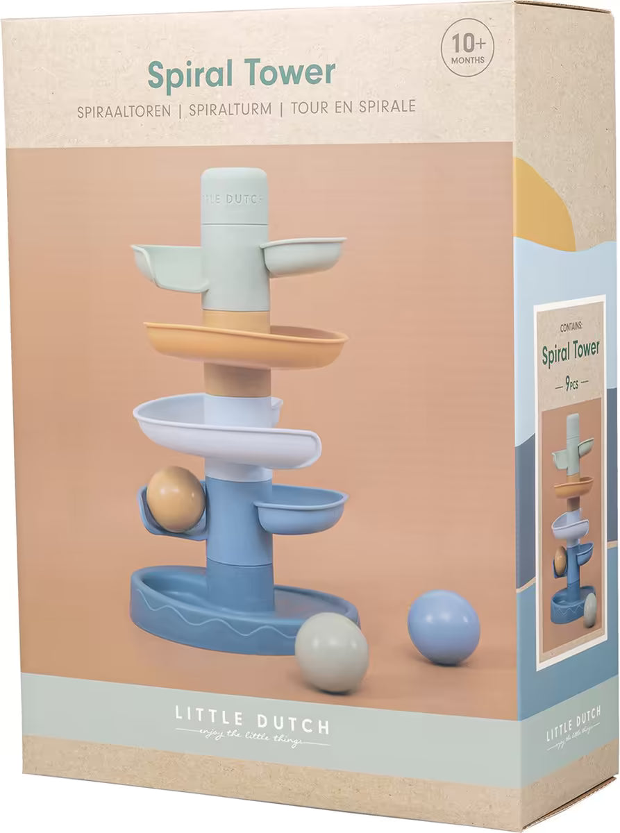 Voorkant verpakking Little Dutch Spiraaltoren Blauw, geschikt vanaf 10 maanden, met drie kleurrijke ballen.