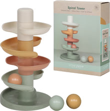 Little Dutch Spiraaltoren naast de productverpakking, compleet baby cadeau en sensorisch speelgoed vanaf 10 maanden.