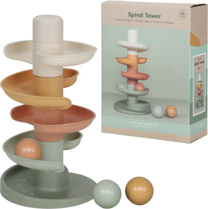 Little Dutch Spiraaltoren naast de productverpakking, compleet baby cadeau en sensorisch speelgoed vanaf 10 maanden.