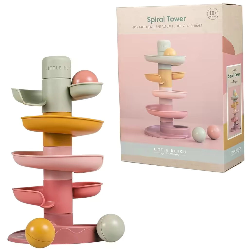 Voorzijde verpakking van de Little Dutch Spiraaltoren Roze, een educatief baby cadeau met drie speelballen.