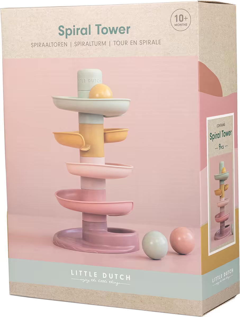 Verpakking van de Little Dutch Spiraaltoren Roze, sensorisch baby speelgoed aanbevolen vanaf tien maanden.