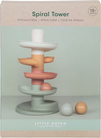 Voorkant verpakking van Little Dutch Spiraaltoren, educatief speelgoed voor baby’s vanaf 10 maanden in zachte tinten.