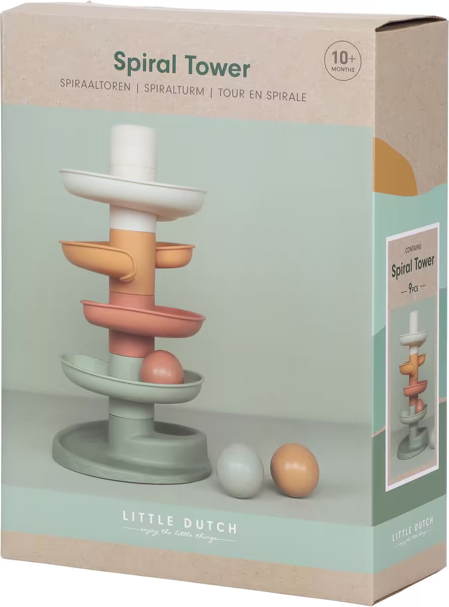 Zijkant verpakking van Little Dutch Spiraaltoren, ideaal baby cadeau of cadeau 1 jaar met 9-delige set.
