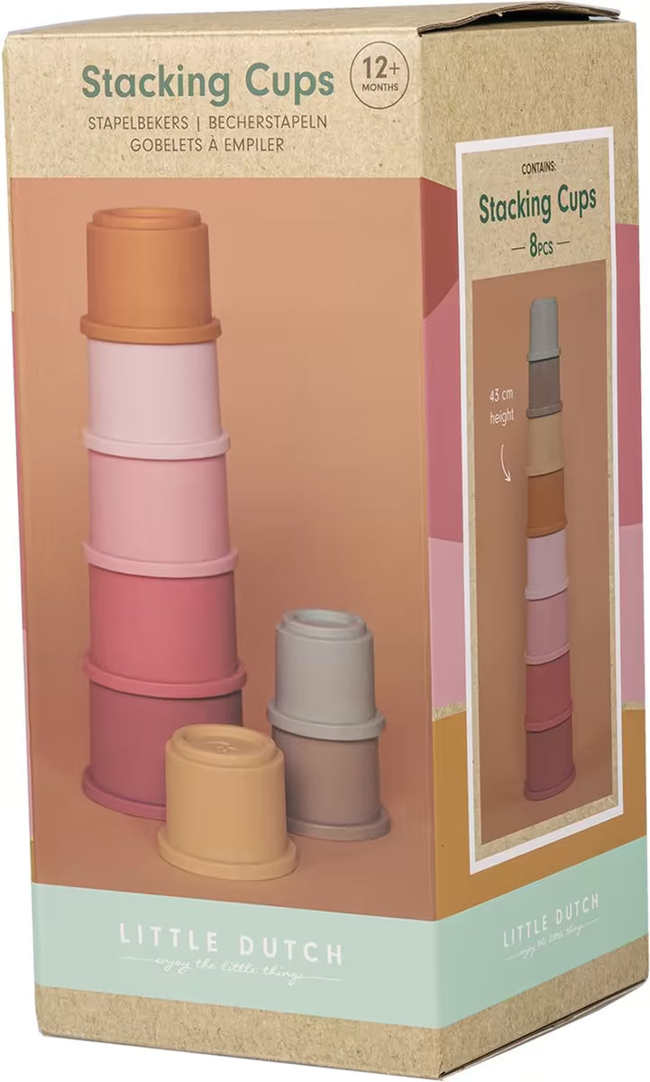Little Dutch Stapelbekers - Roze doos voorkant met 8 stuks stapelbekers, geschikt als educatief speelgoed.