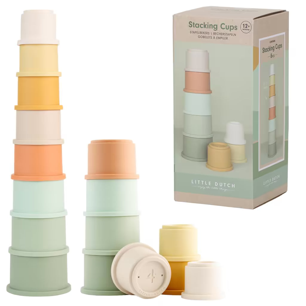 Complete set Little Dutch Stapelbekers met doos, ideaal baby cadeau en educatief speelgoed in zachte kleuren.