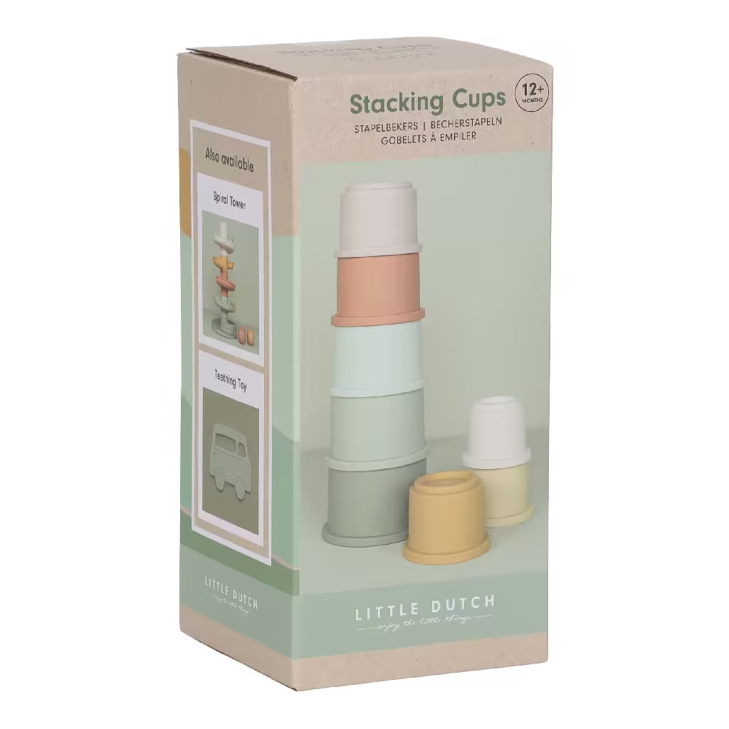 Achterzijde doos van Little Dutch Stapelbekers, unisex sensorisch speelgoed en leuk baby cadeau.