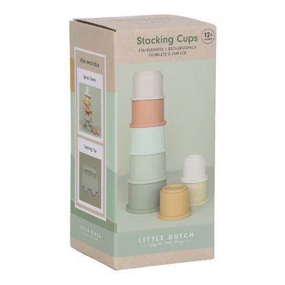 Achterzijde doos van Little Dutch Stapelbekers, unisex sensorisch speelgoed en leuk baby cadeau.