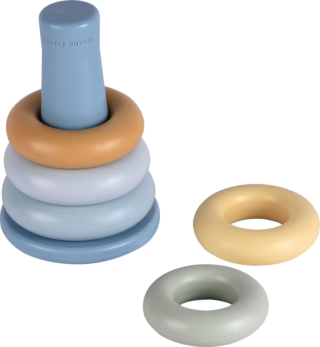 Detailfoto van Little Dutch Stapelringen Blauw, Montessori speelgoed met losse kleurrijke ringen voor baby’s.