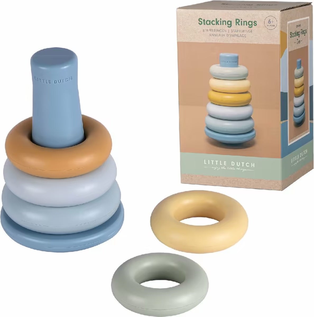 Little Dutch Stapelringen Blauw verpakking met stapeltoren en losse ringen, educatief baby speelgoed cadeau.